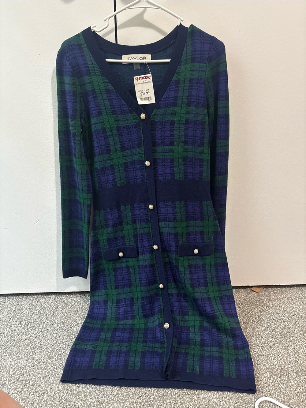 Taylor Navy & Green Plaid Cardigan Dress with Pearl Button
